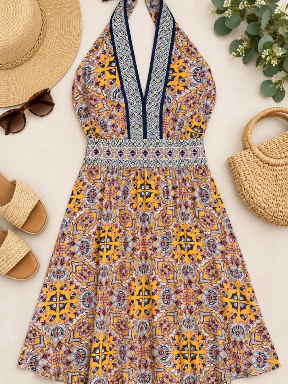 Wisp Size 12 Boho Paisley Halter Dress Mixed Print Fit & Flare